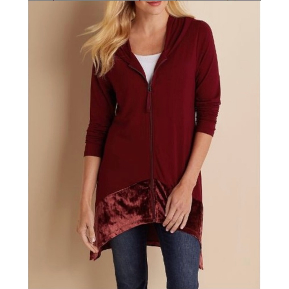 Soft Surroundings Jacket Petite Medium Red Hooded Zip Velvet Hem 3AA15